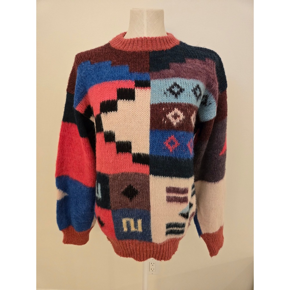 Handmade Peru 100% Alpaca Wool Patchwork Geometric Tribal Crewneck Sweater L